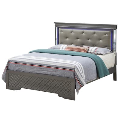 Jewel Tufted Upholstered Mirrored Panel Queen Bed with LED Light - 85" - Black