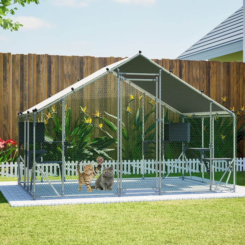 GDFStudio - Large Outdoor Metal Cat Catio Cage with Double Safety Lock & Enhanced Stability, All-Weather Pet Enclosure - 3x2M