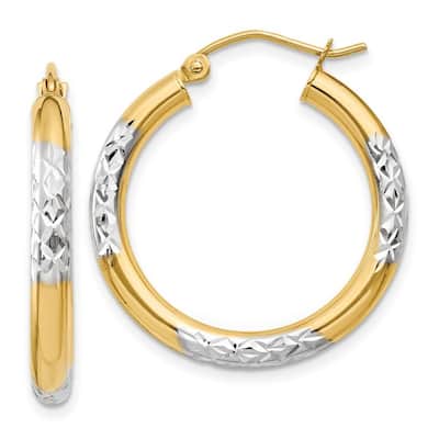 Curata 14k Yellow Gold Polished Rhodium Sparkle Cut 3x25mm Hoop Earrings