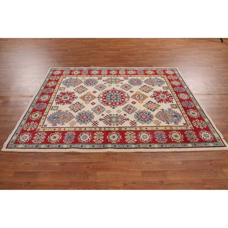 Geometric Ivory Kazak Oriental Area Rug Handmade Wool Carpet - 5'2" x 6'6"