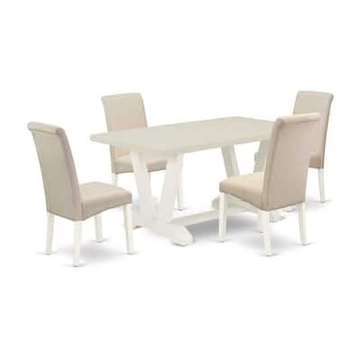 HomeStock 5-Piece Rectangle Natural Oak Finish Solid Wood Top Dining Table with 4 Upholstered Chairs with Lattice Back