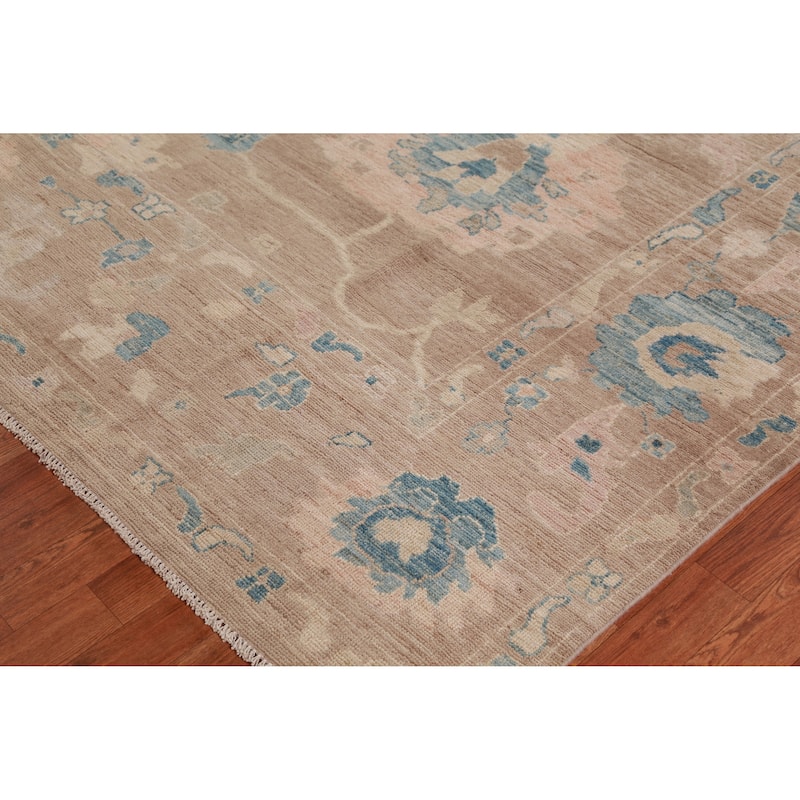 Hand Knotted Oriental 100% Wool Carpet Transitional All-Over Brown Oushak Area Rug - 12' 11'' X 9' 4''