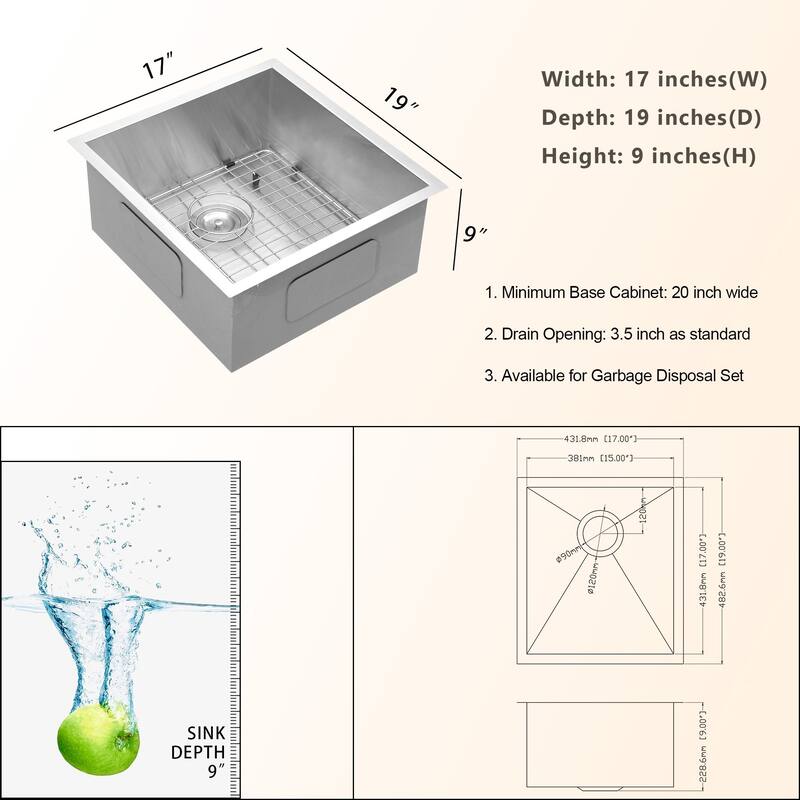 Lordear 15/17 inch Single Bowl Undermount Kitchen Sink Stainless Steel Bar Sink - 17''x19''x9'' - Silver