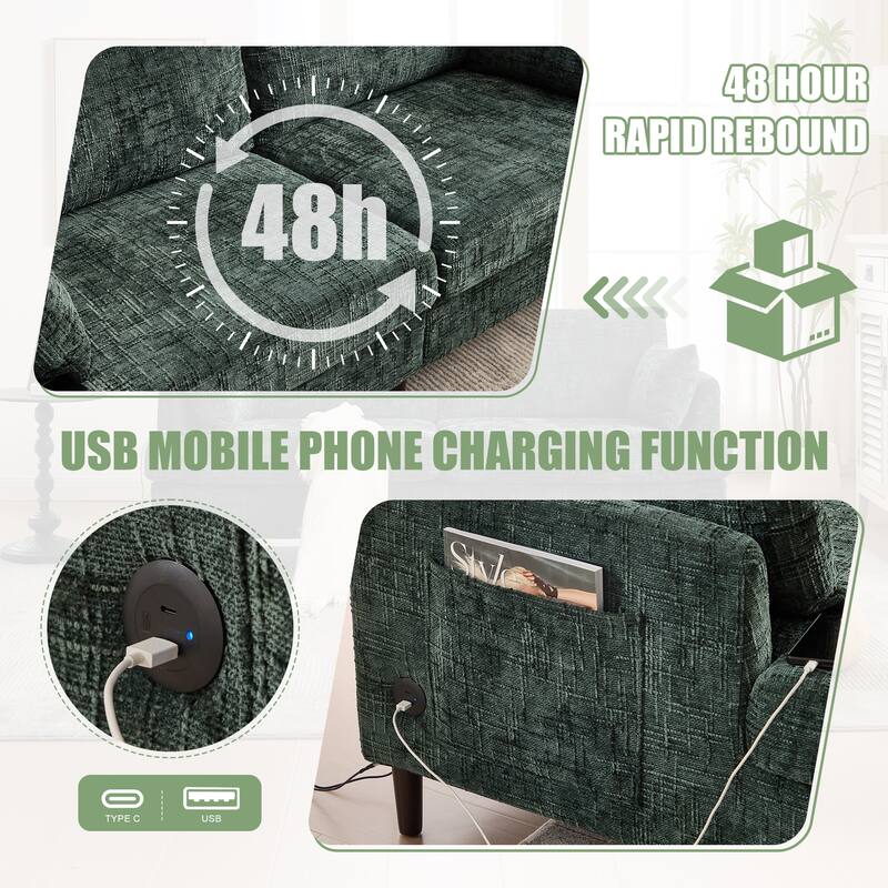 Modern Style Chenille 2-Seater Wood-Legged Sofa With Led Light,USB Charging Port And Storage Bag Living Room Bedroom Study Room