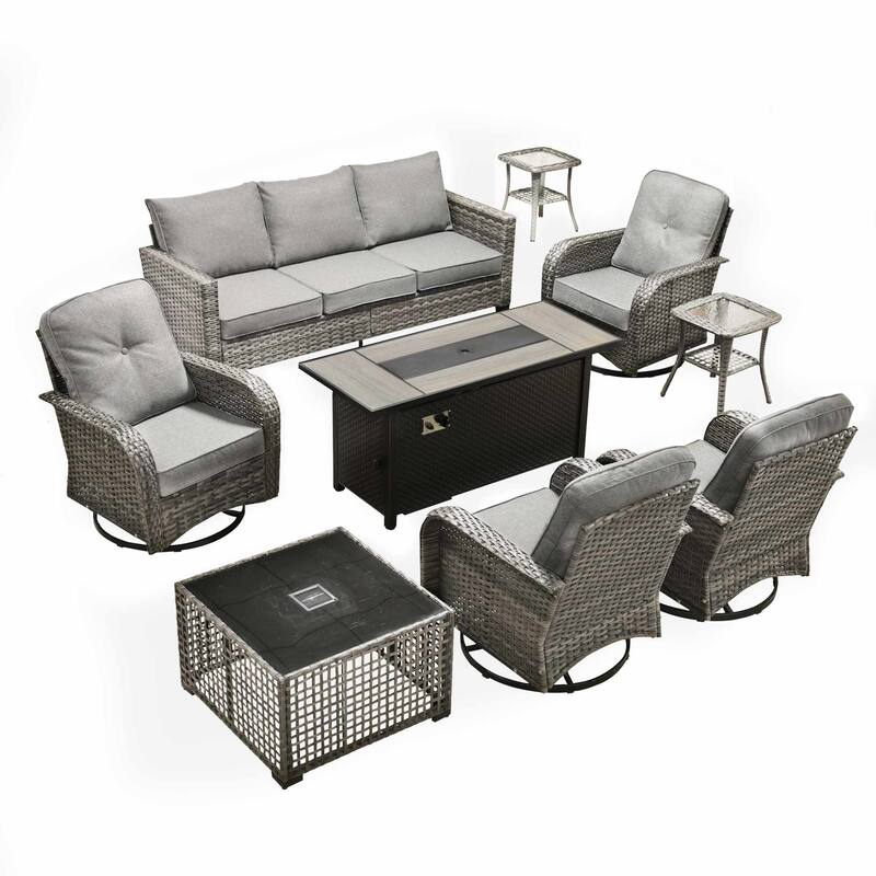 OVIOS 9-Piece Outdoor Wicker Conversation Set with Fire Pit