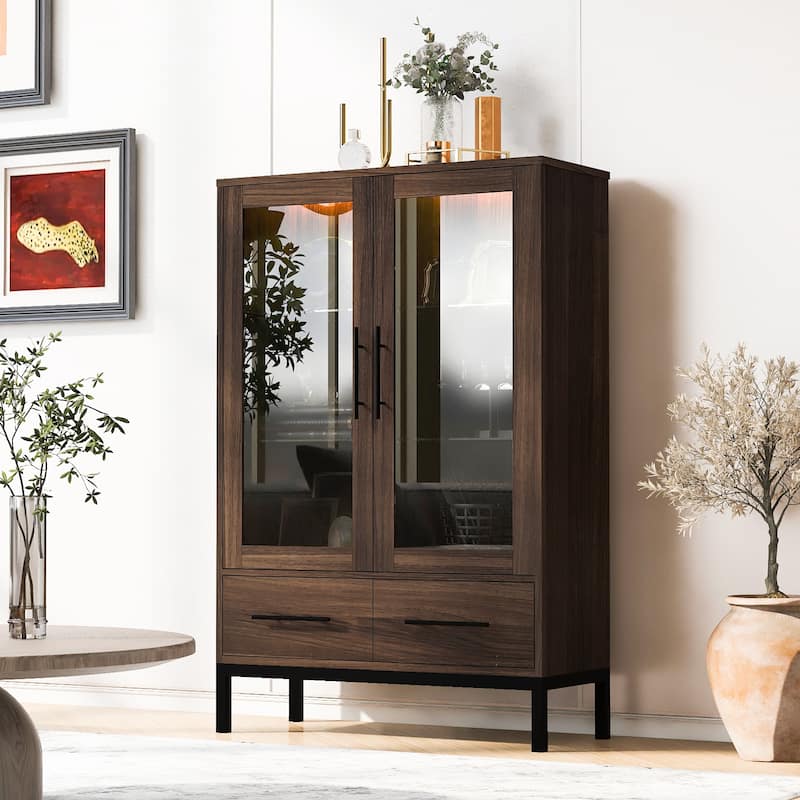 60'' Tall Display Cabinet with Tempered Glass Door, LED Lighting, 2 Drawers, Modern Storage Cabinet Book Display Cabinet - Black + Dark Walnut