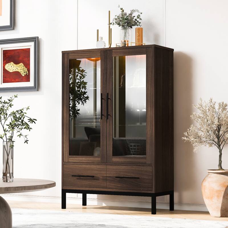 Roomfitters 60'' Tall Display Cabinet with Glass Door, Farmhouse Pantry Storage Cabinet with Shelves for Living Room - Walnut