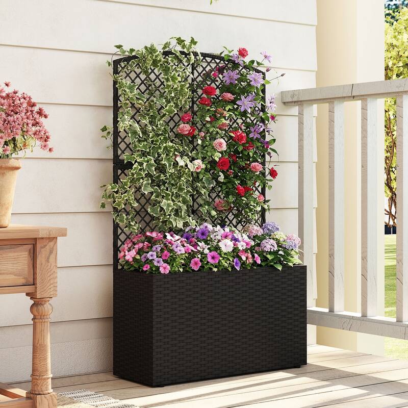Gymax 49'' Raised Garden Bed w/ Trellis Wicker Planter Box w/ Privacy