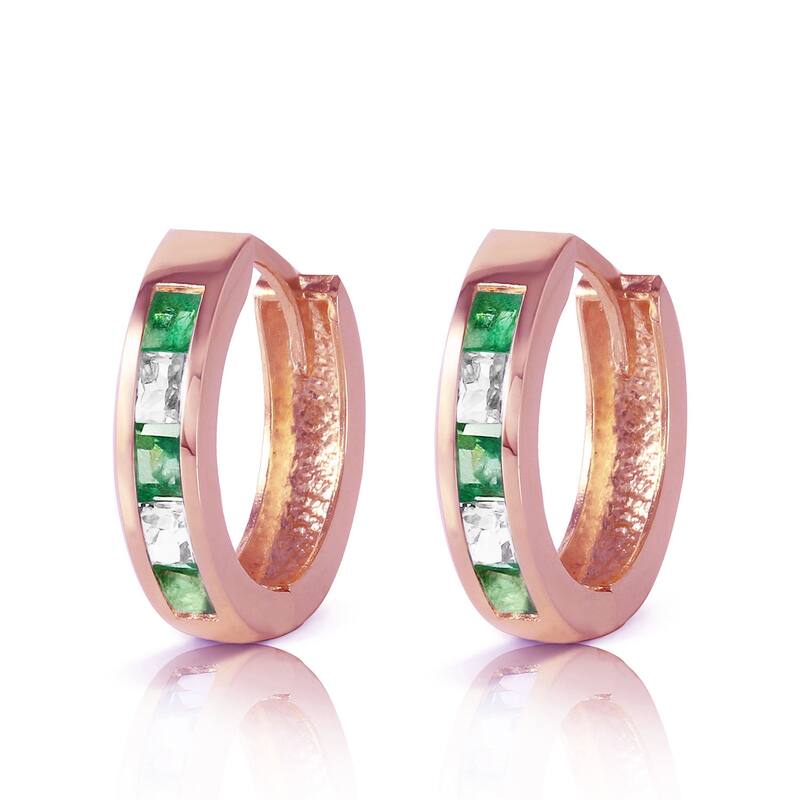 1.26 Carat 14K Solid Gold Hoop Earrings Natural Emerald Rose Topaz