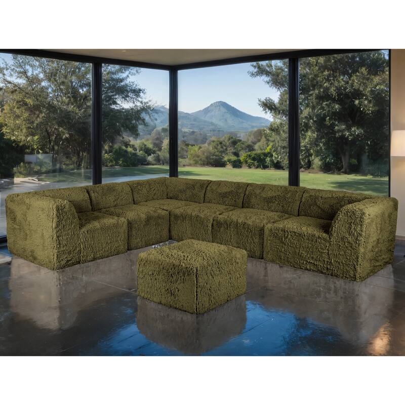 Furniture of America Ylena Modern 7-Piece Faux Fur Foam Modular Compressed Sectional Sofa with Ottoman - Olive Green