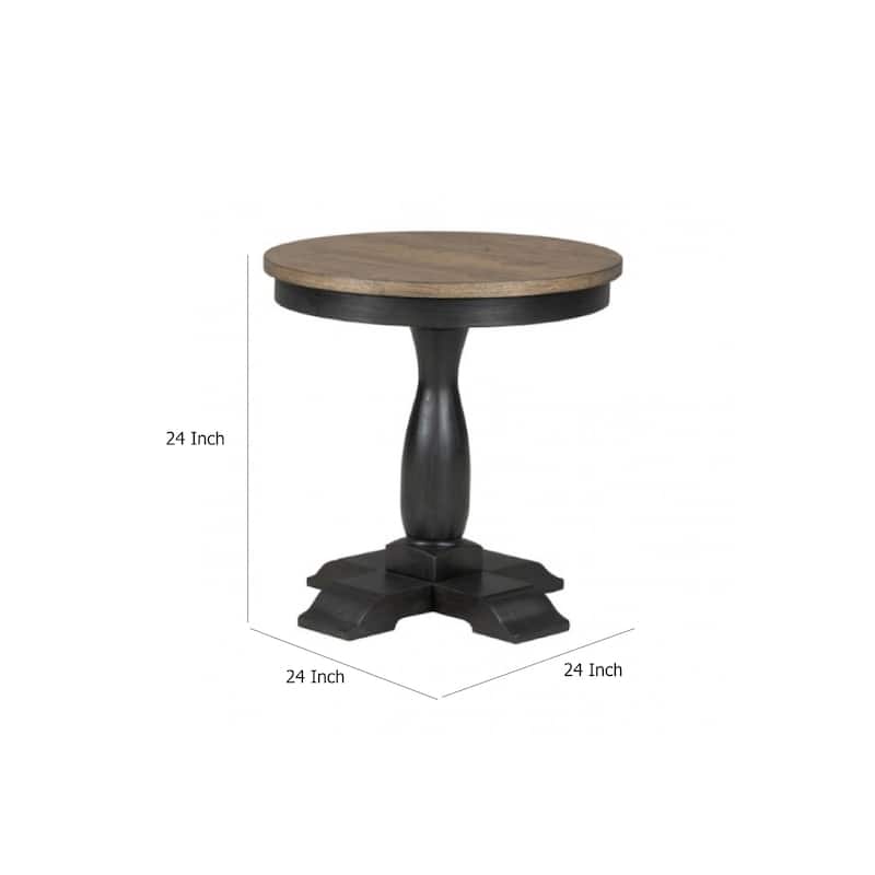 Ginie Round End Table, Rustic Black Brown Solid Rubberwood, 24 Inch