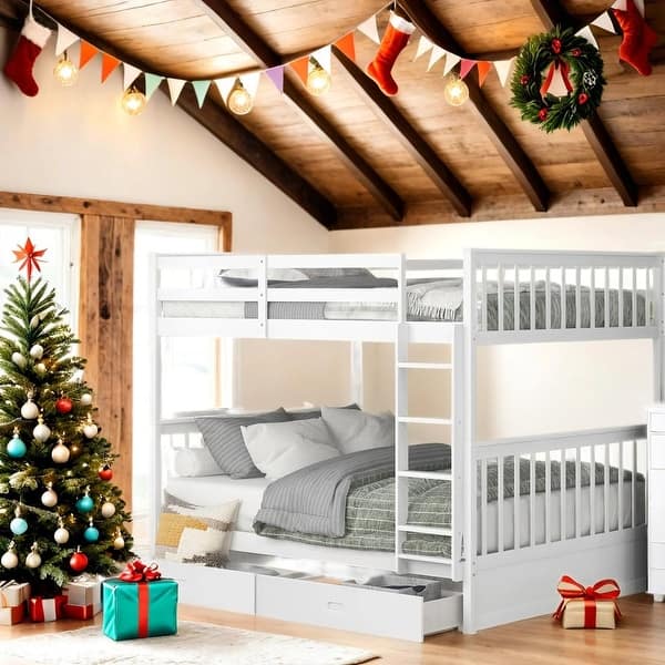 slide 2 of 14, Full-Over-Full Bunk Bed with Ladders and Two Storage Drawers,White White