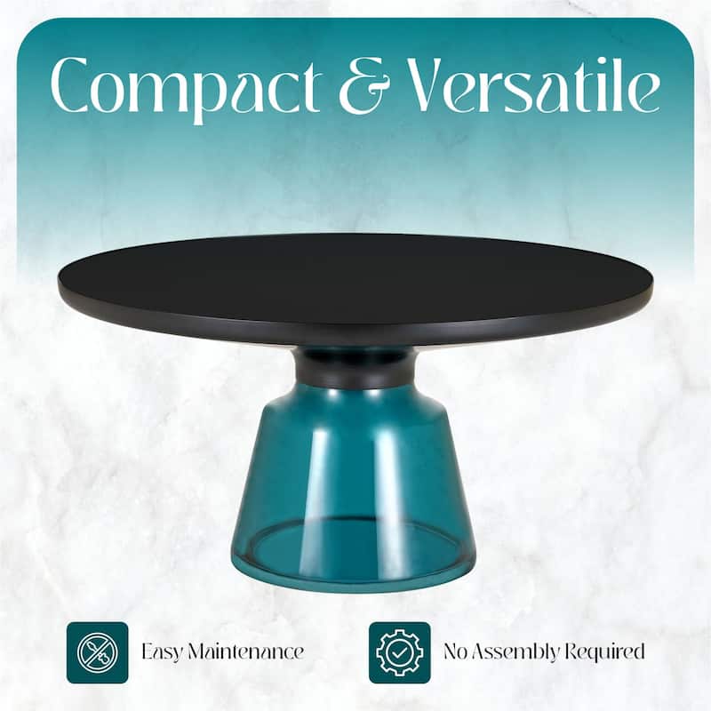 30-Inch Round Coffee Table Glass/Stone Tabletop with Black Iron Rim Frame Glass Pedestal Base