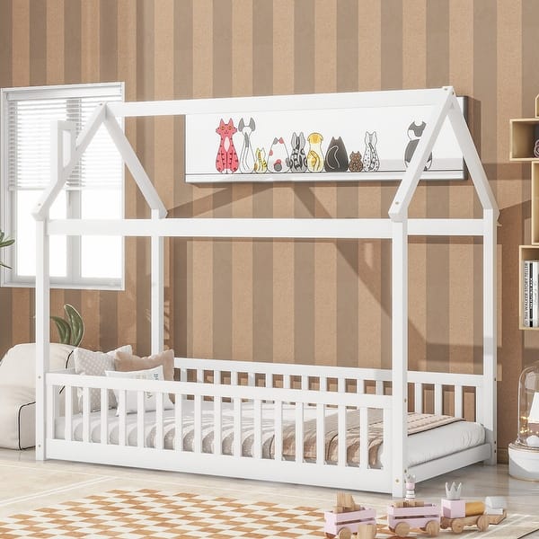 slide 2 of 50, Twin Size Solid Wood House Bed with Guardrails for Toddlers White