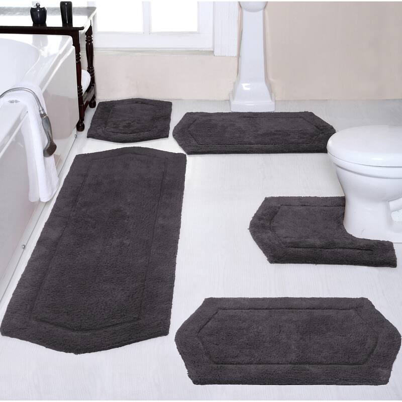 Waterford Collection 100% Cotton Non-Slip Bathroom Rug Set, Machine Washable Bath Rug, 5 Piece Bath Mat Set with Contour - Gray