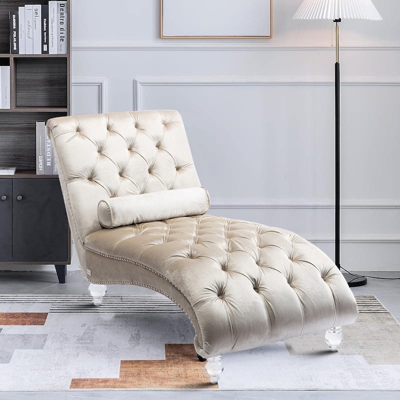 Elegant Stylish Velvet Upholstered Leisure Lounge Chair with Transparent Acrylic Legs - Beige