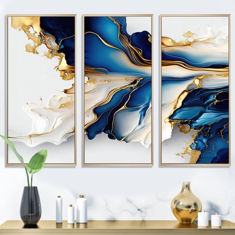 Designart "Abstract Geode Gold And Blue Marble Shape III" Modern Geometric Framed Canvas Art Print - 3 Panels - 48 in. wide x 32 in. high - 3 Panels - Natural