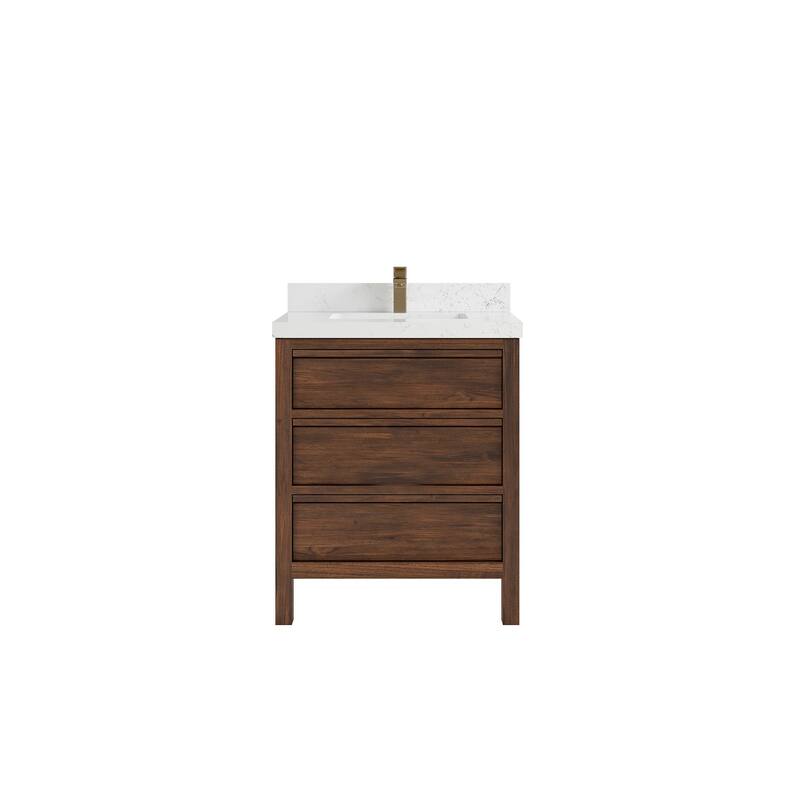 Willow Collections 30 in. W x 22 in. D Elizabeth Solid Teak Wodd Single Sink Bathroom Vanity with Countertop - 2" Empira White - Dark Walnut