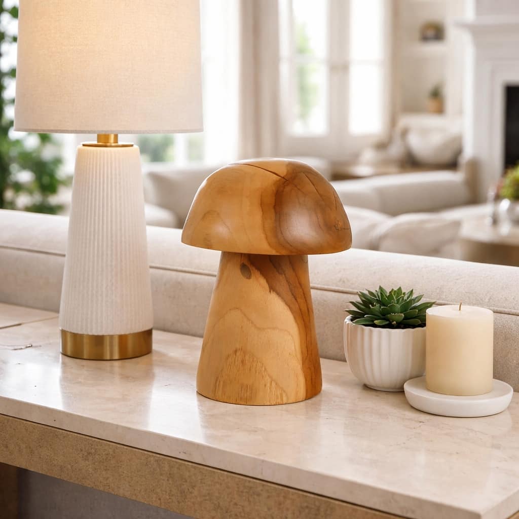 Sculpture - Brown Teak Wood Small Carved Mushroom, 10 in. - 10.25"