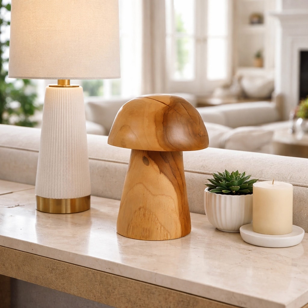 Sculpture - Brown Teak Wood Small Carved Mushroom, 10 in. - 10.25"