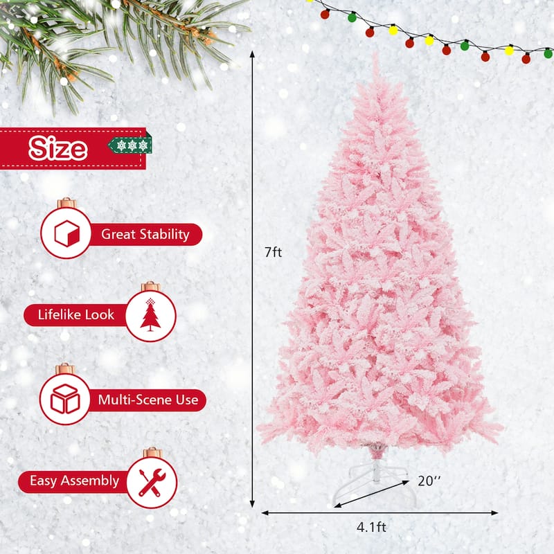 7 FT Flocked Artificial Christmas Tree w/ LED Lights 1200 Branch Tips