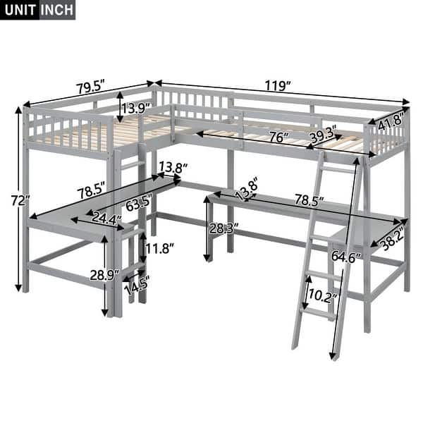 Wood Twin Size L-Shaped Loft Bed with Ladder and 2 Built-in L-Shaped Desks