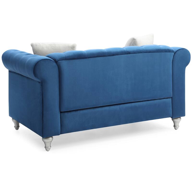 Tufted Velvet 2-Seater Sofa with Throw Pillows - 60" - Blue