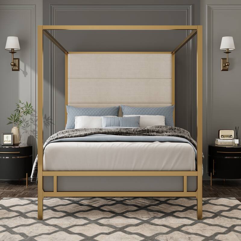Metal Frame Canopy Bed Four Poster Bed Velvet Fabric Upholstered Headboard Wingback Bed, Modern Low Profile Platform Bed - Gold Tan - Queen