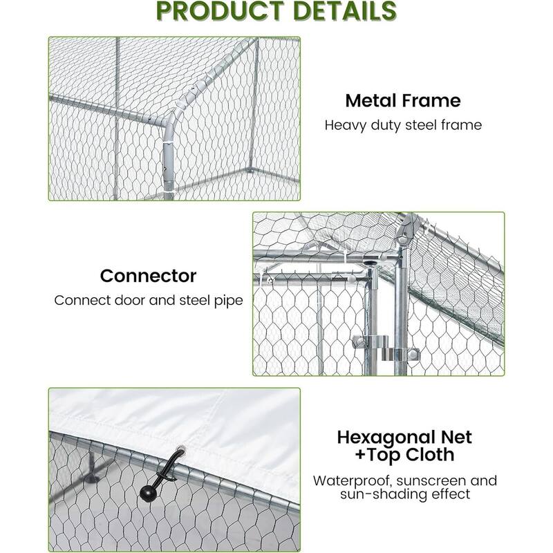 Chicken Coop, Large Metal Chicken Run for Yard with Waterproof Cover