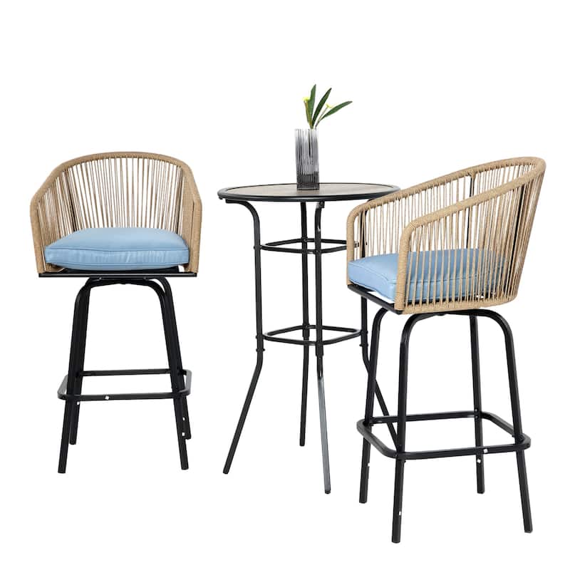 Patio Bar Table and Swivel Chairs Set with Metal Frame (Set of 3)