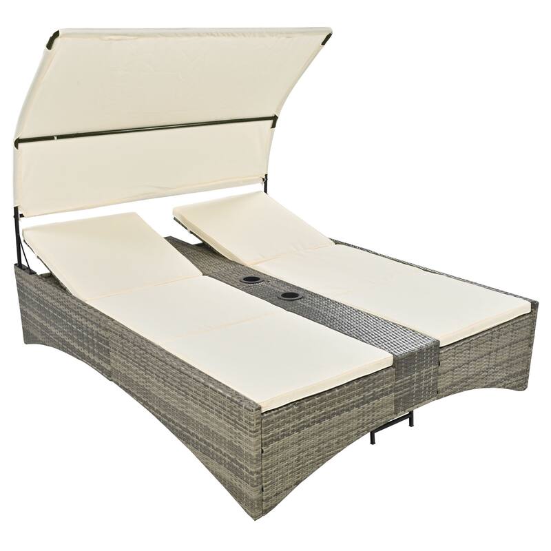 Outdoor Patio Rattan Daybed Sunbed with Canopy and Adjustable Backrest, Storage Box and 2 Cup Holders