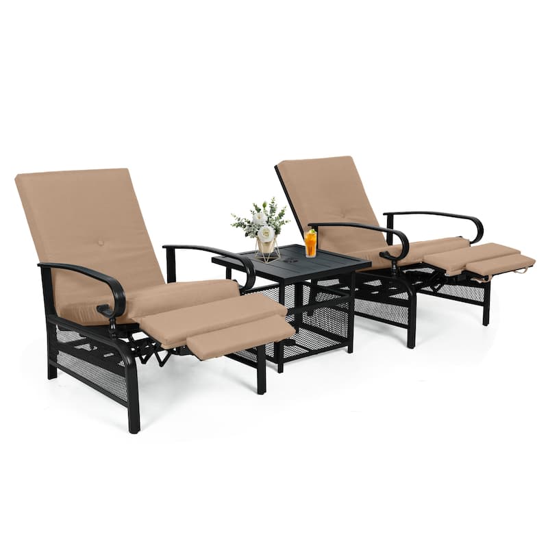 Outdoor Metal Patio Adjustable Recliner Lounge Chair & Bistro Table Set, Retractable Steel Frame and Removable Thick Cushion