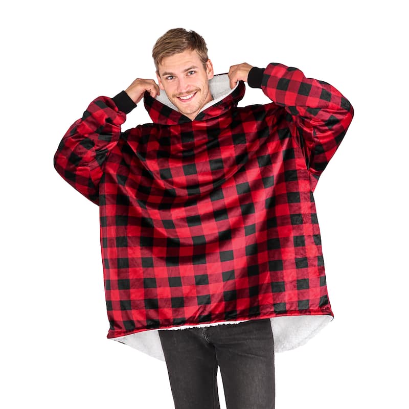 Bare Homey B-Cozy Oversized Sherpa Wearable Blanket - Adult - Buffalo Plaid - Red/Black