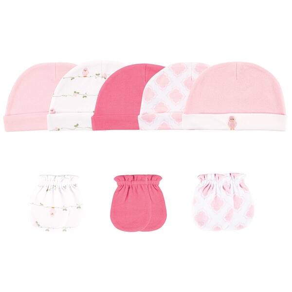 slide 1 of 1, Luvable Friends Baby Girl Cotton Caps and Scratch Mittens 8pk, Bird, 0-6 Months - Bird Bird - 0-6 Months