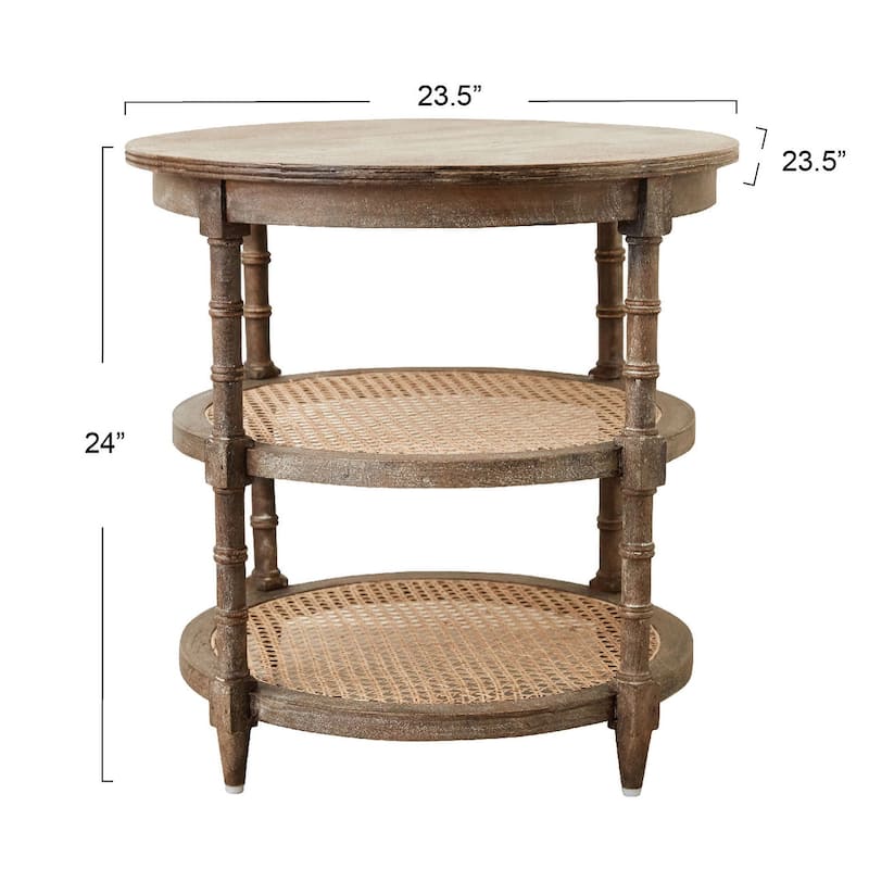 Round Mango Wood Table with 2 Cane Shelves