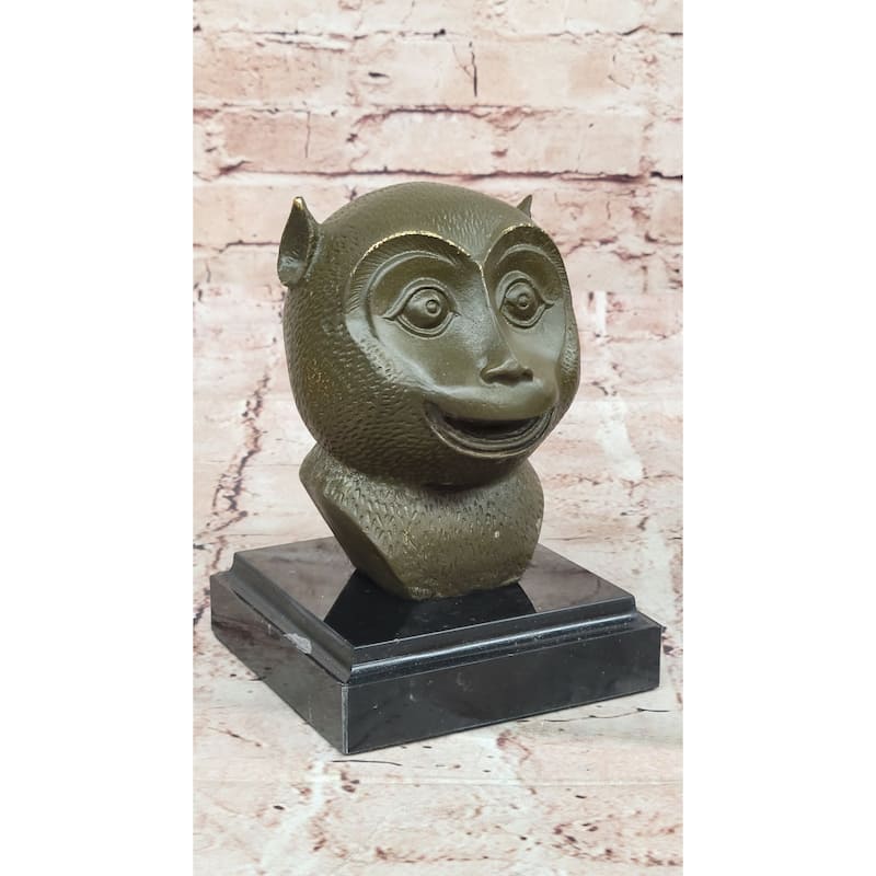 Abstract Bronze Primate Sculpture – Smiling Monkey Bust On Marble Base