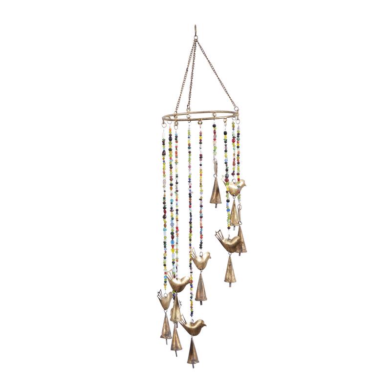 Metal Bird Handmade Indoor Outdoor Windchime with Glass Beads and Cone Bells - Gold - Roche River Decor