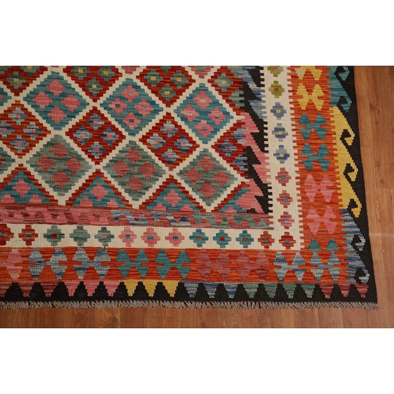 Trellis Geometric Kilim Oriental Area Rug Hand-Woven Wool Carpet - 10'0"x 13'0"