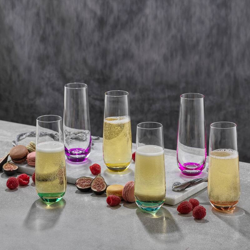 JoyJolt Hue Stemless Collection Colored Wine Glasses and Colored Champagne Flutes Set of 12