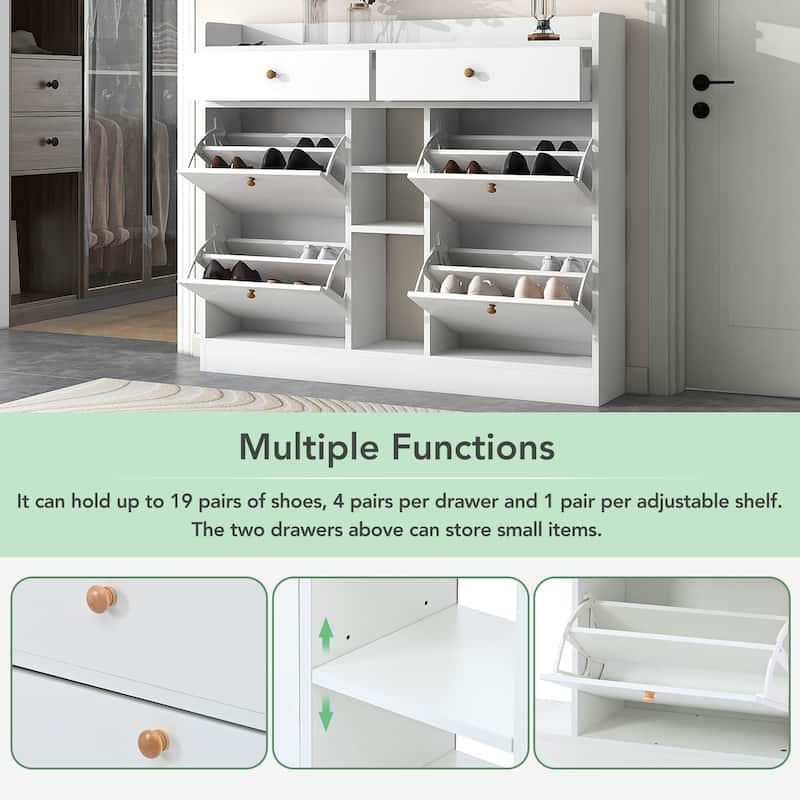 Modern White Two-tier Shoe Cabinet with 4 Flip Drawers - 9.4"W x 47.24"H x 50.7"D