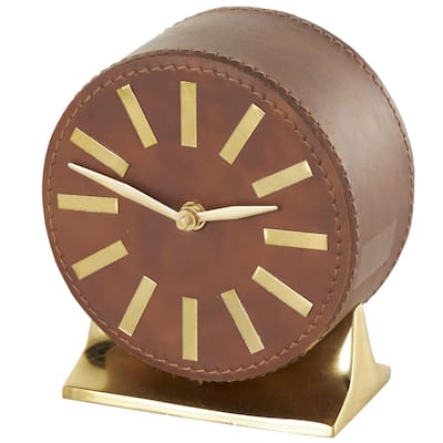 Faux Leather Round Decorative Clock with Gold Rectangular Base - Brown or Black - Roche River Decor