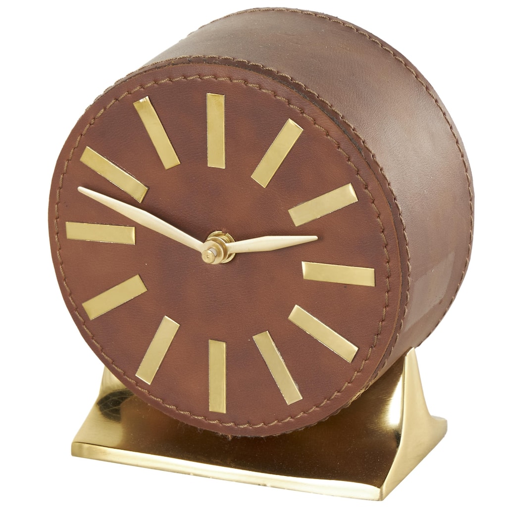 Faux Leather Round Decorative Clock with Gold Rectangular Base - Brown or Black - Roche River Decor