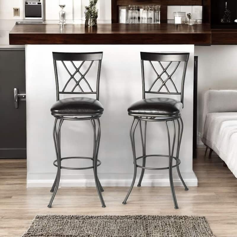 HomeRoots Set of Two 30" Black Faux Leather and Iron Bar Height Swivel Bar Chairs - Bar Height - Black - Set of 2