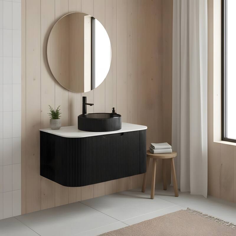 Wall Mounted Bathroom Vanity with Transparent Black Round Glass Basin