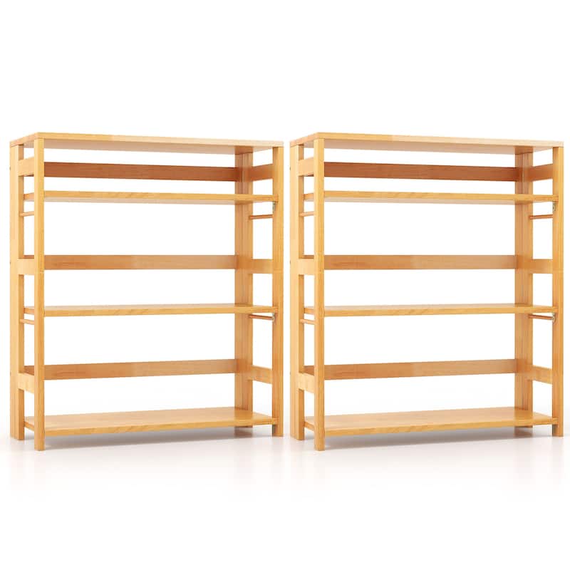 Gymax 2PCS 4-Tier Bookshelf Floor Storage Shelf w/ Rubber Wood Frame - Natural