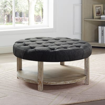 Harissa Farmhouse Round Fabric Storage Tufted Cocktail Ottoman by Furniture of America