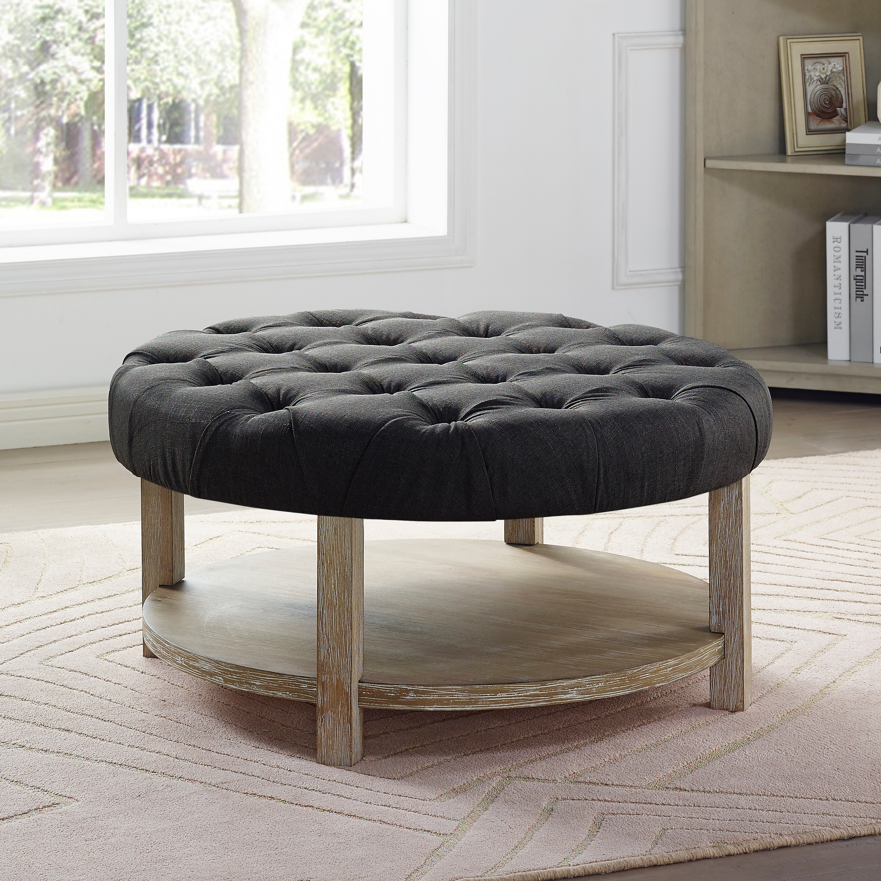 Furniture of America Harissa Farmhouse Round Fabric Storage Tufted Cocktail Ottoman