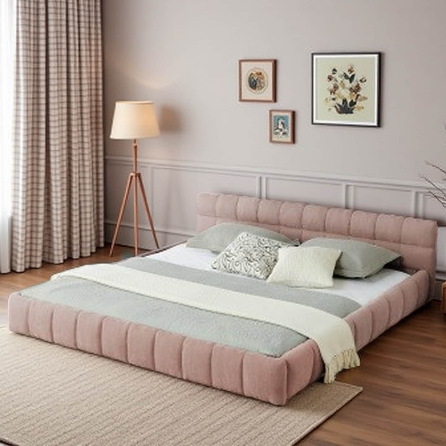 King Size Upholstered Platform Bed with Thick Chenille Fabric, Soft Headboard, Grounded Modern Design