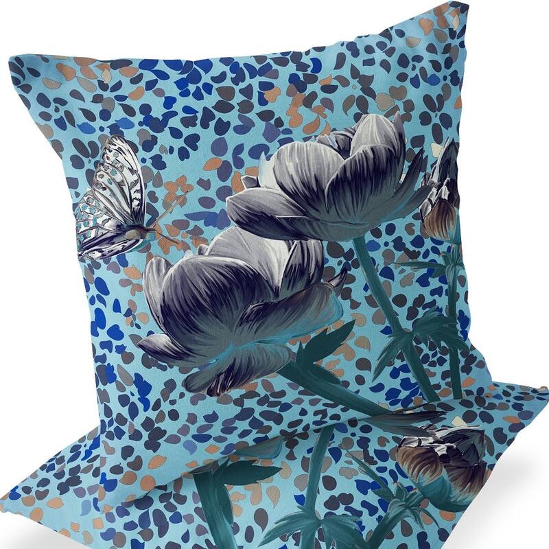 HomeRoots Set of Two 16" X 16" Blue and White Butterfly Blown Seam Floral Indoor Outdoor Throw Pillow - 16.00' X '16.00' X '5.00