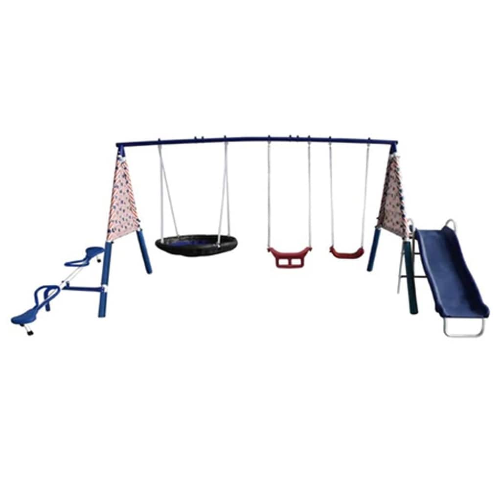 XDP Recreation Freedom Fun Play Swing Set w/See Saw, Super Disc, Swings, & Slide - 168 x 91 x 74 inches